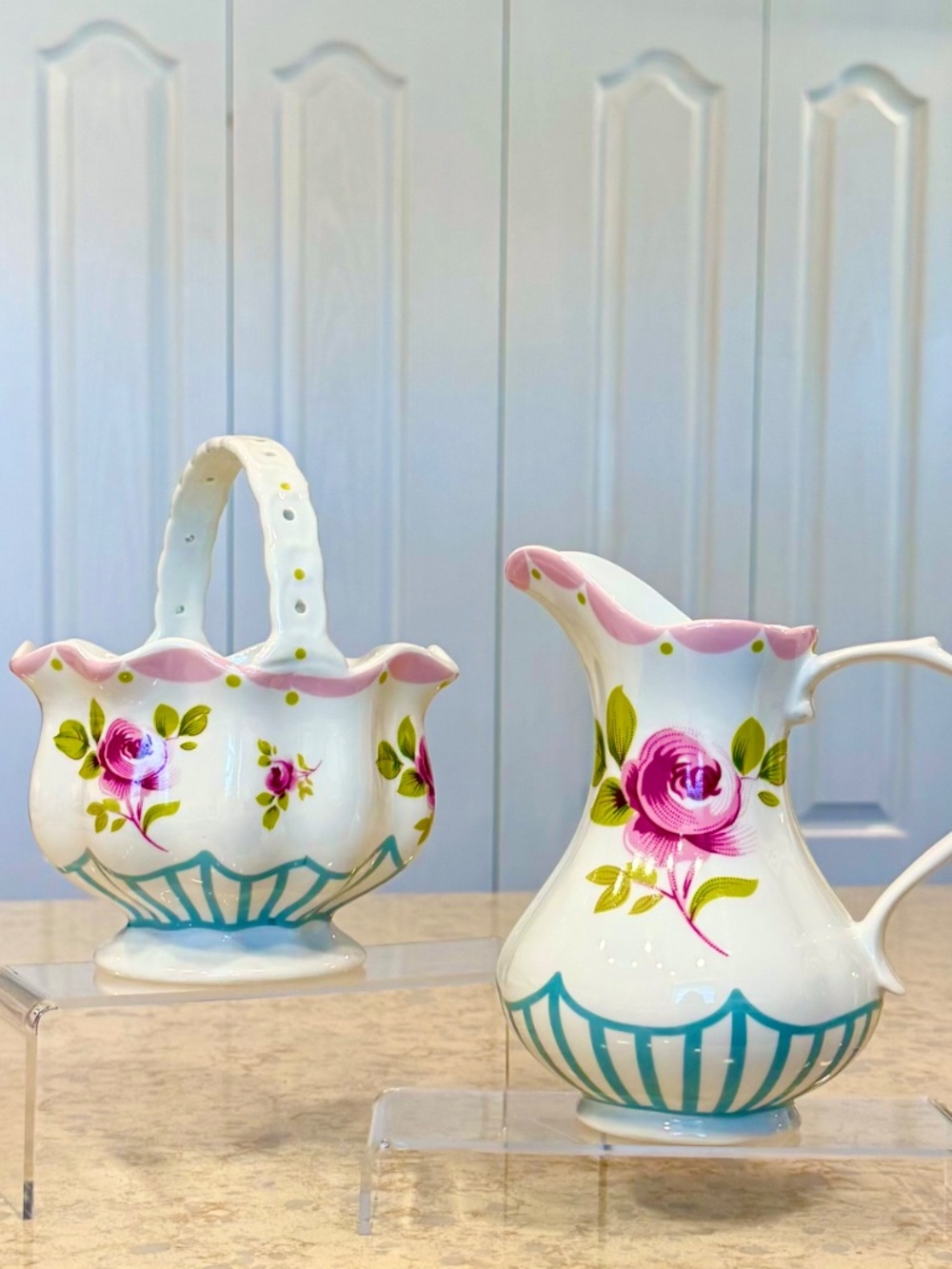 Vintage J Godinger & Co Porcelain Victorian Pitcher & Basket Set, Antique Series